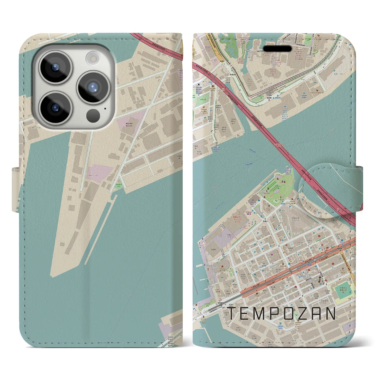 【天保山（大阪府）】地図柄iPhoneケース（手帳タイプ）ナチュラル・iPhone 15 Pro 用