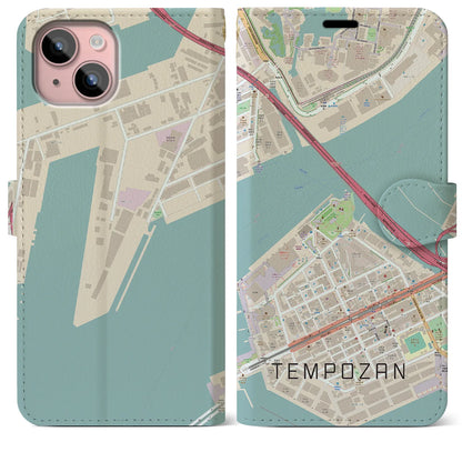 【天保山（大阪府）】地図柄iPhoneケース（手帳タイプ）ナチュラル・iPhone 15 Plus 用