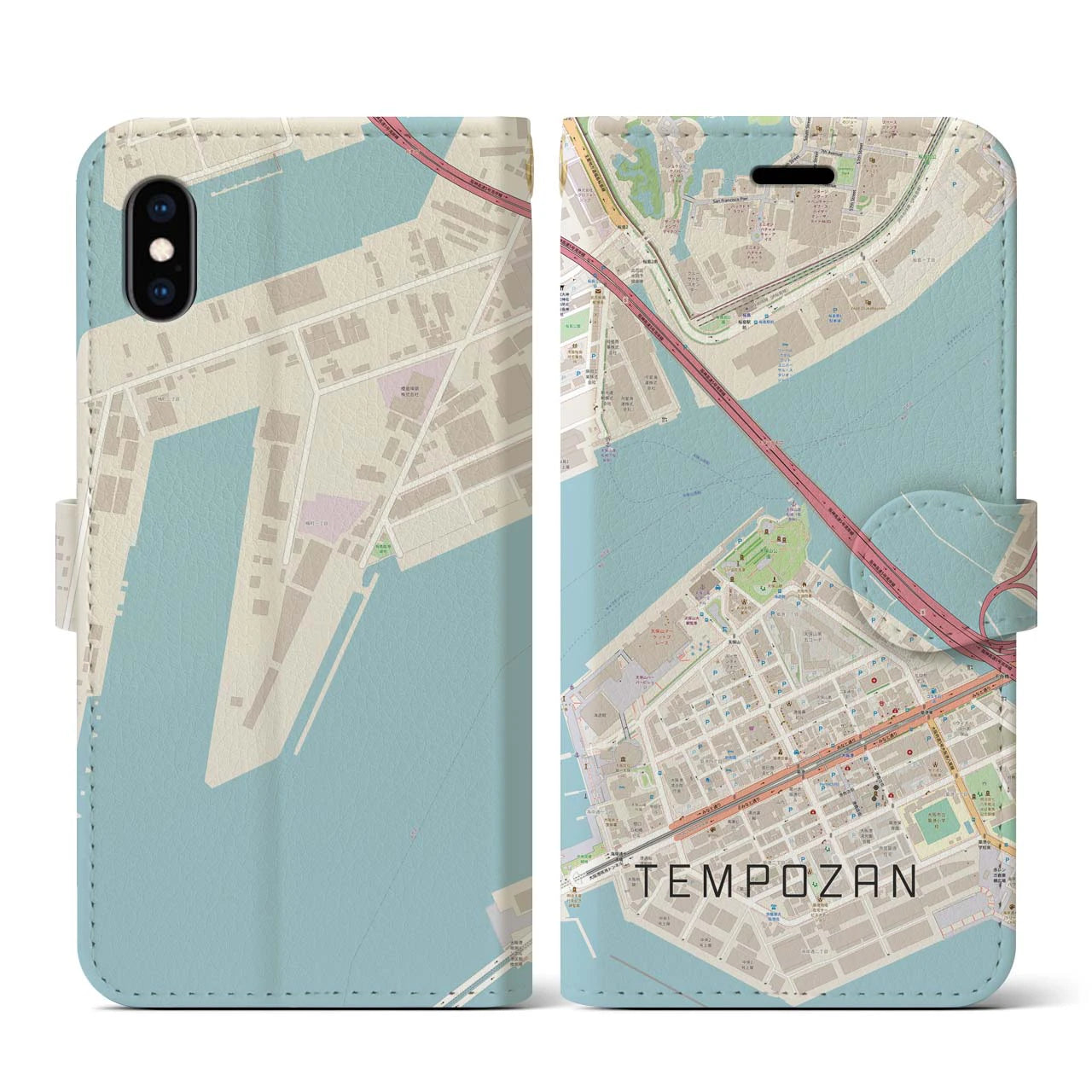【天保山（大阪府）】地図柄iPhoneケース（手帳タイプ）ナチュラル・iPhone XS / X 用