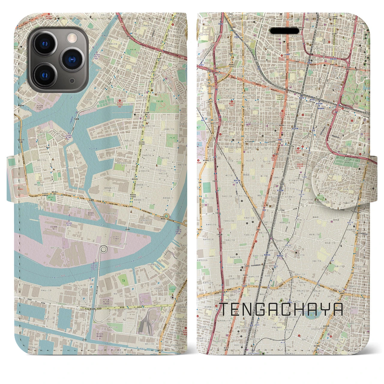 【天下茶屋】地図柄iPhoneケース（手帳両面タイプ・ナチュラル）iPhone 11 Pro Max 用