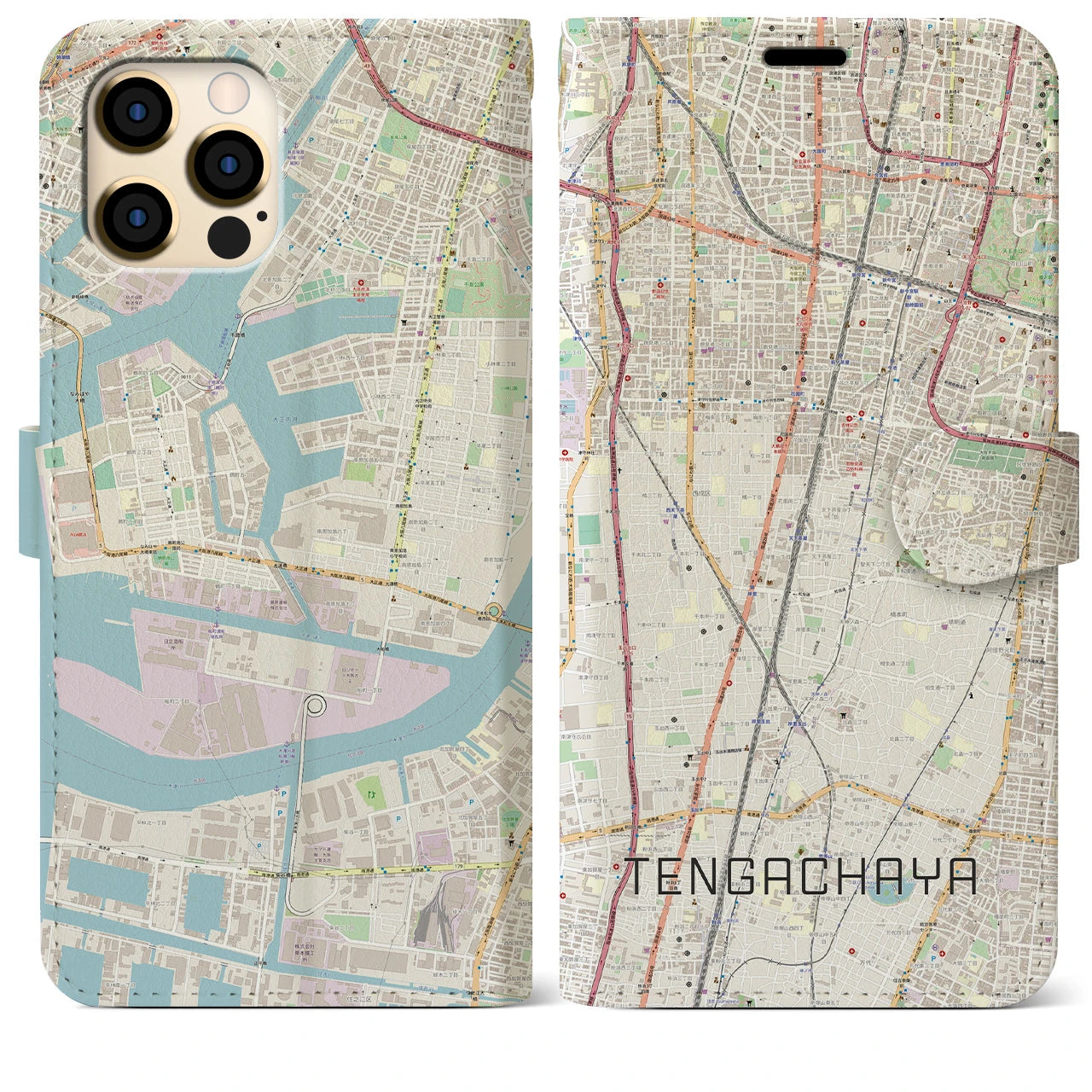 【天下茶屋】地図柄iPhoneケース（手帳両面タイプ・ナチュラル）iPhone 12 Pro Max 用