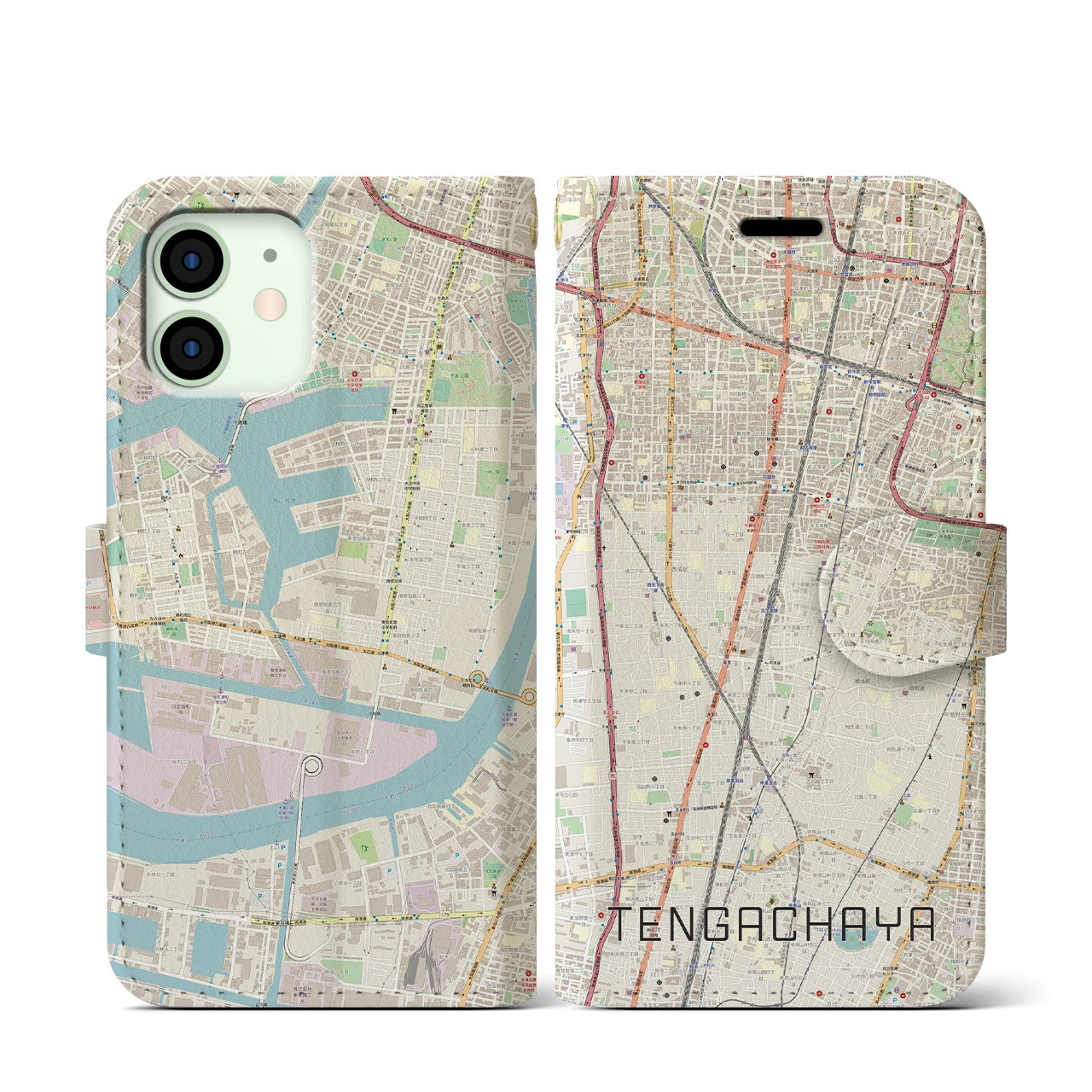 【天下茶屋】地図柄iPhoneケース（手帳両面タイプ・ナチュラル）iPhone 12 mini 用