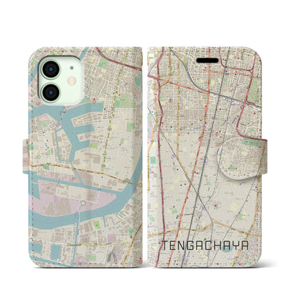 【天下茶屋（大阪府）】地図柄iPhoneケース（手帳タイプ）ナチュラル・iPhone 12 mini 用