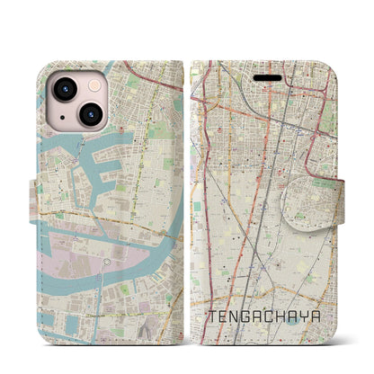 【天下茶屋（大阪府）】地図柄iPhoneケース（手帳タイプ）ナチュラル・iPhone 13 mini 用