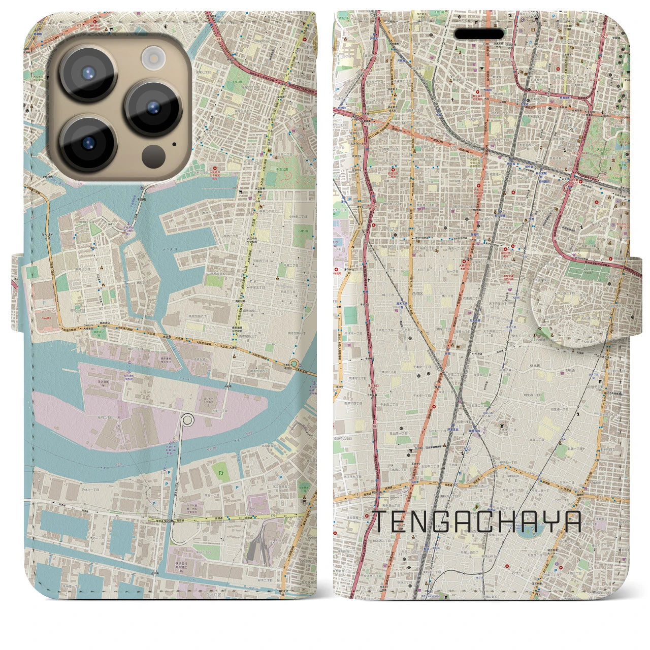 【天下茶屋】地図柄iPhoneケース（手帳両面タイプ・ナチュラル）iPhone 14 Pro Max 用