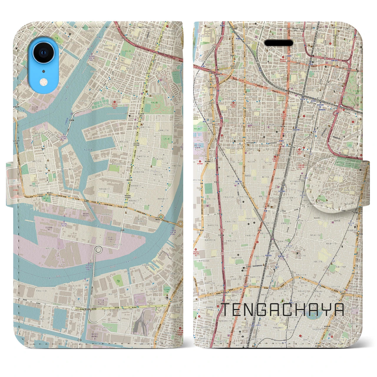 【天下茶屋】地図柄iPhoneケース（手帳両面タイプ・ナチュラル）iPhone XR 用