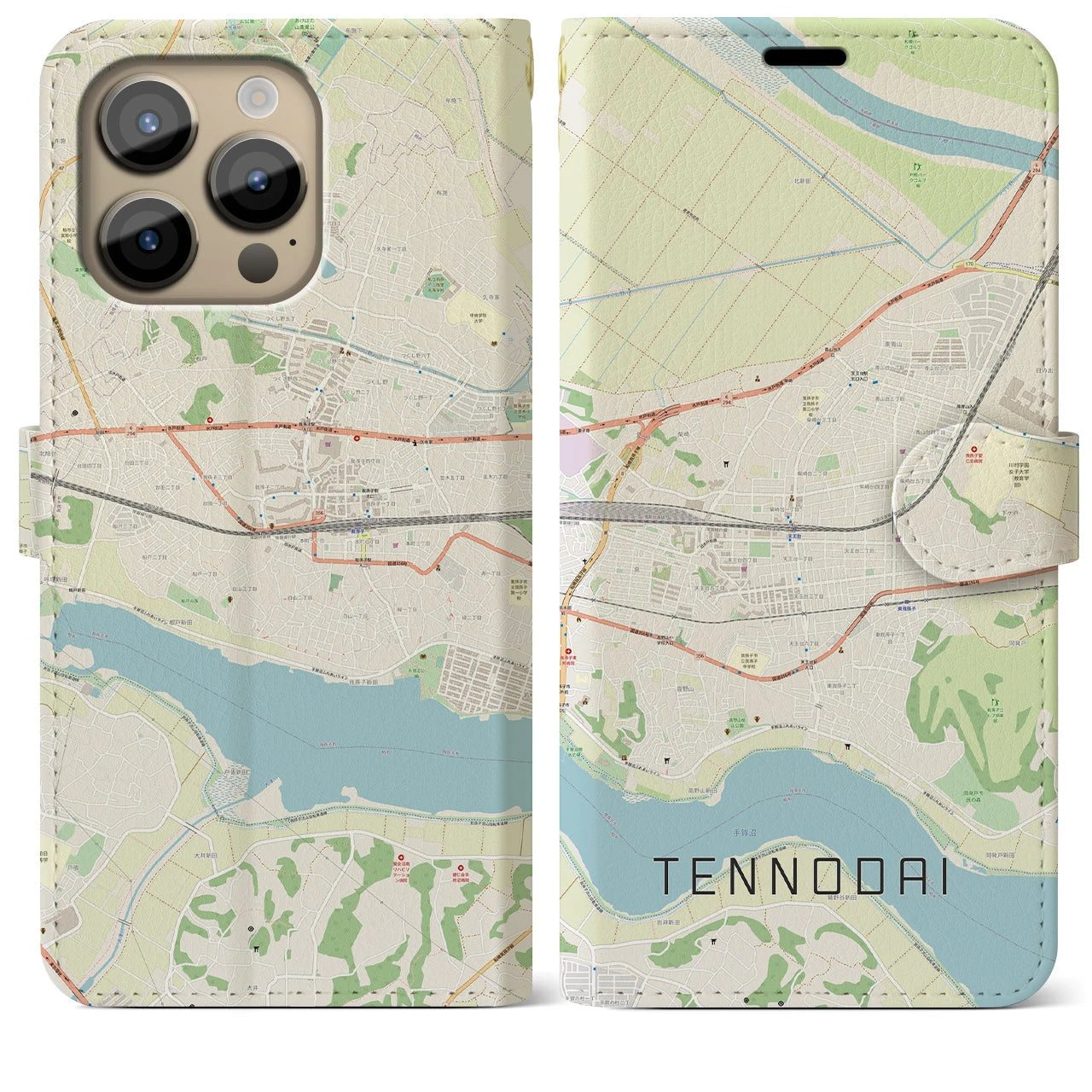 【天王台】地図柄iPhoneケース（手帳両面タイプ・ナチュラル）iPhone 14 Pro Max 用