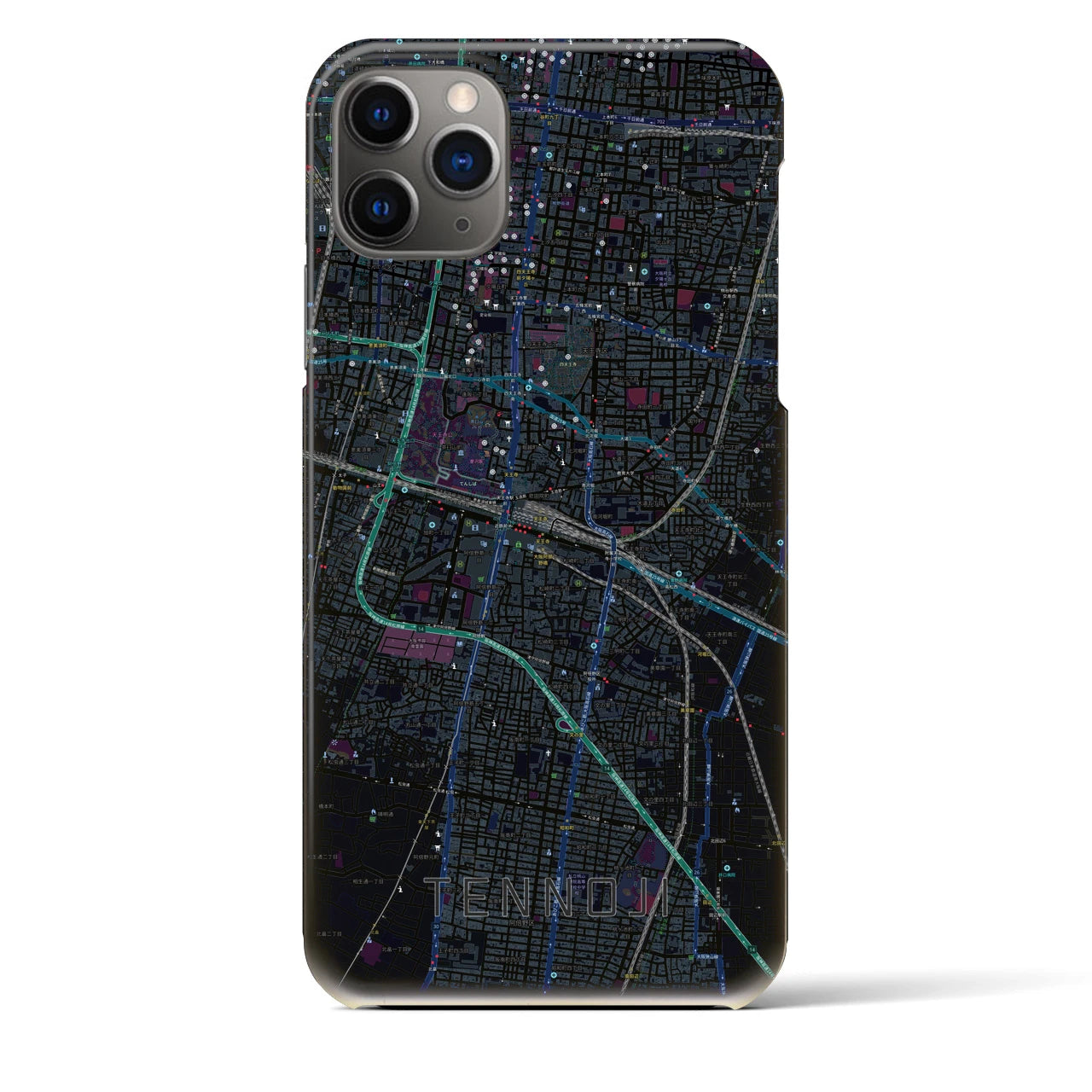 【天王寺】地図柄iPhoneケース（バックカバータイプ・ブラック）iPhone 11 Pro Max 用