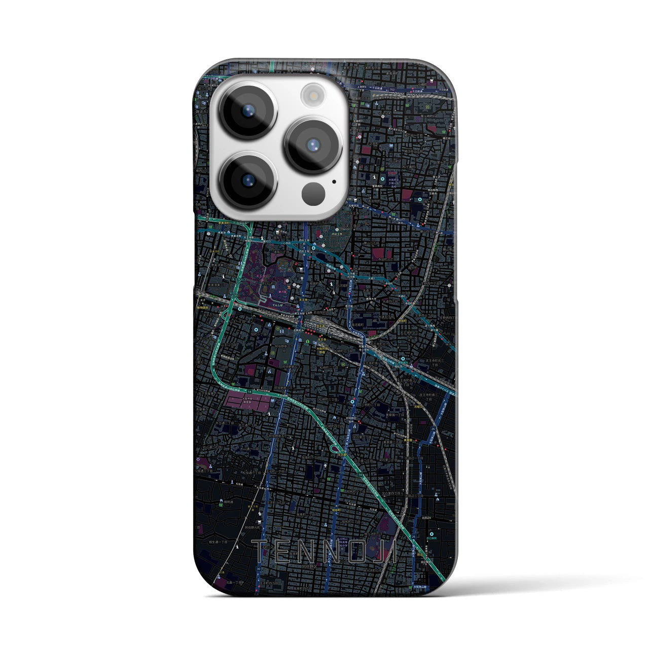 【天王寺】地図柄iPhoneケース（バックカバータイプ・ブラック）iPhone 14 Pro 用
