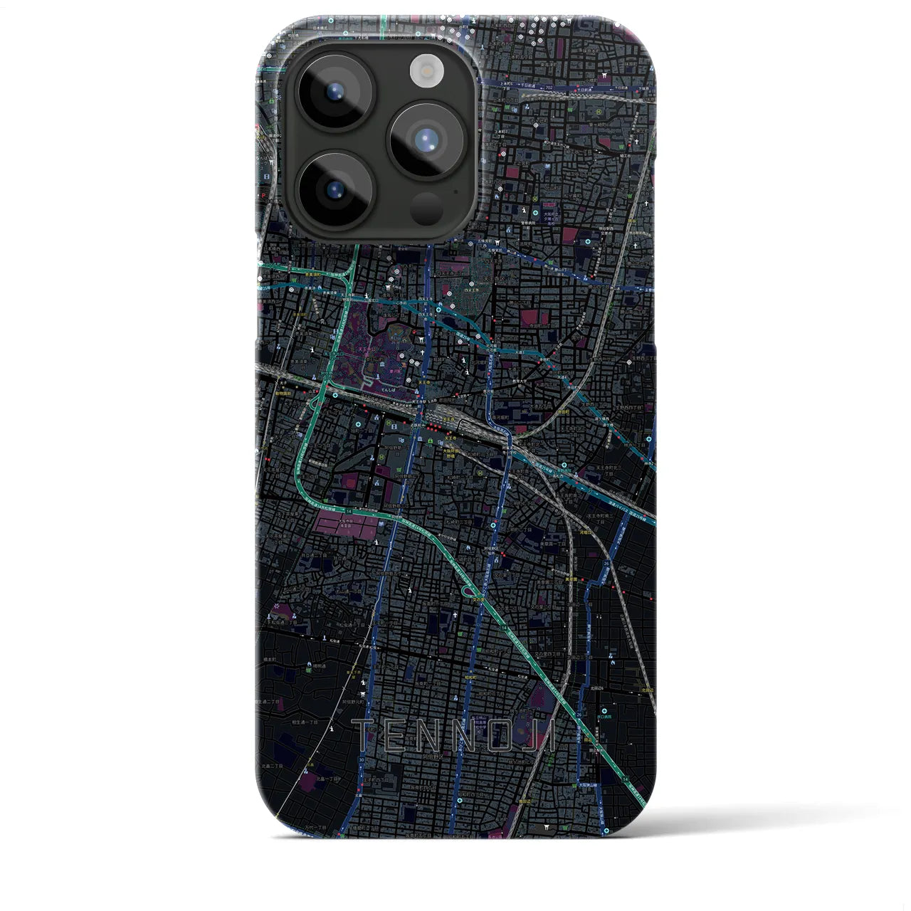 【天王寺】地図柄iPhoneケース（バックカバータイプ・ブラック）iPhone 15 Pro Max 用