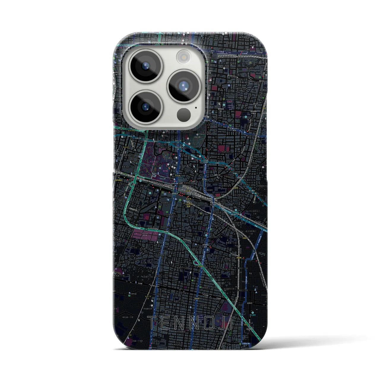 【天王寺】地図柄iPhoneケース（バックカバータイプ・ブラック）iPhone 15 Pro 用