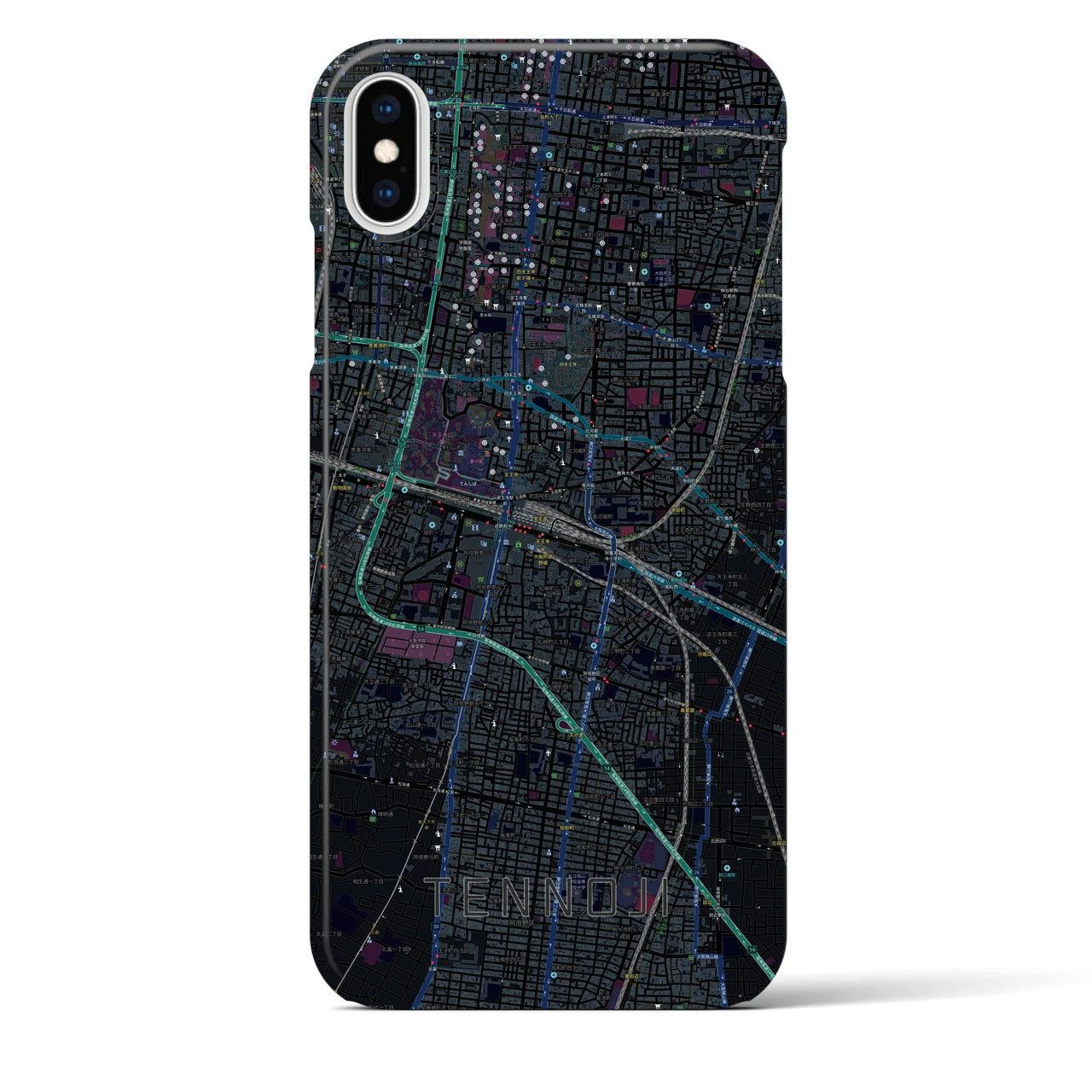 【天王寺】地図柄iPhoneケース（バックカバータイプ・ブラック）iPhone XS Max 用