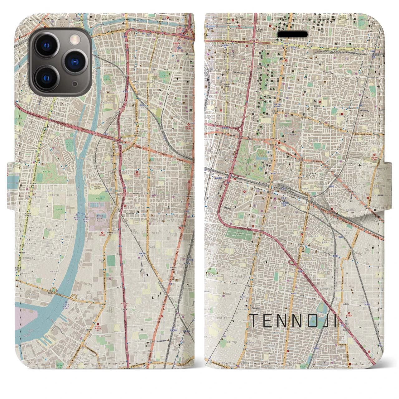 【天王寺】地図柄iPhoneケース（手帳両面タイプ・ナチュラル）iPhone 12 mini 用