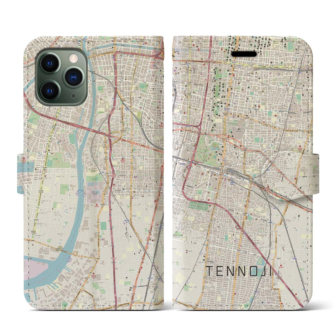 【天王寺】地図柄iPhoneケース（手帳両面タイプ・ナチュラル）iPhone 11 Pro Max 用