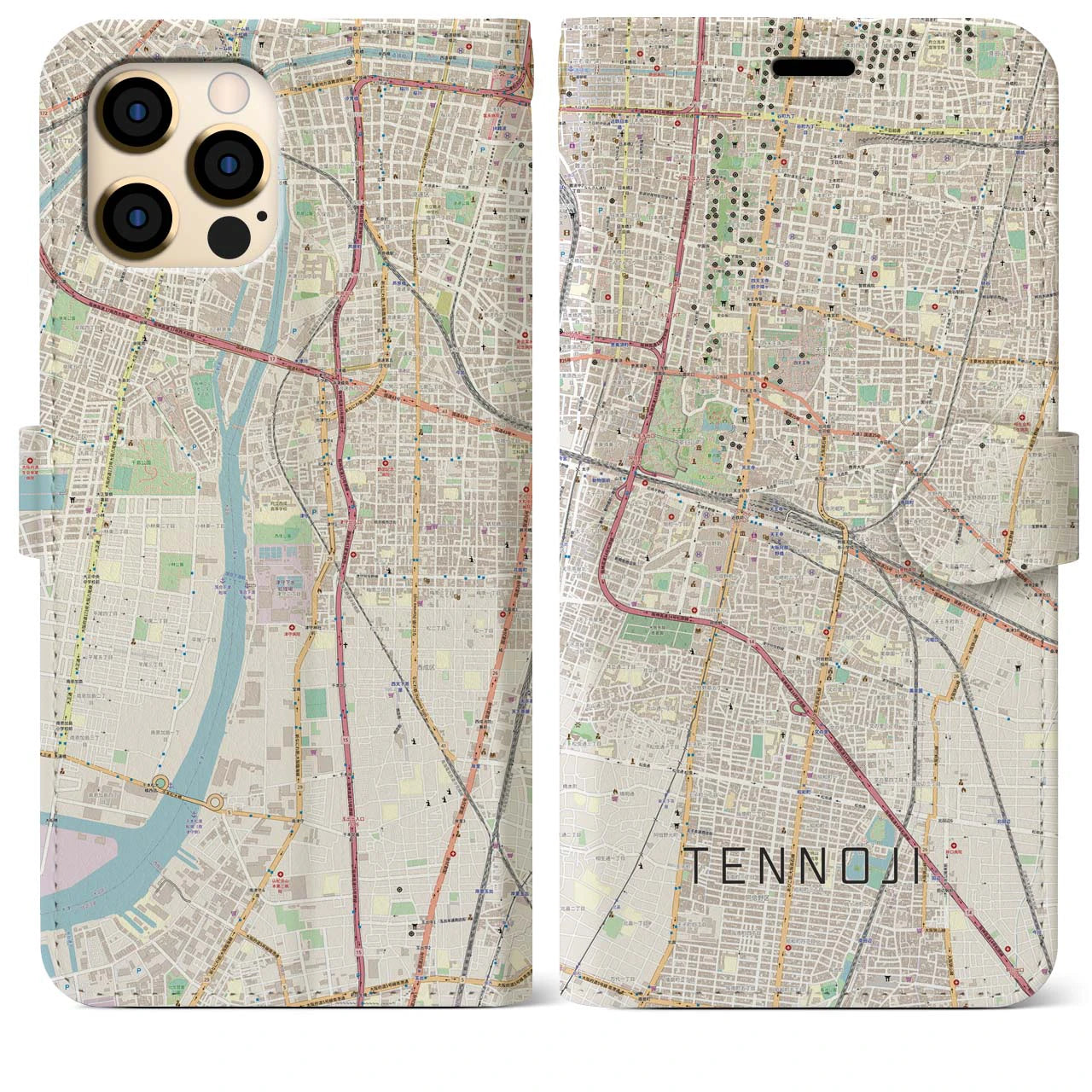 【天王寺】地図柄iPhoneケース（手帳両面タイプ・ナチュラル）iPhone 13 mini 用