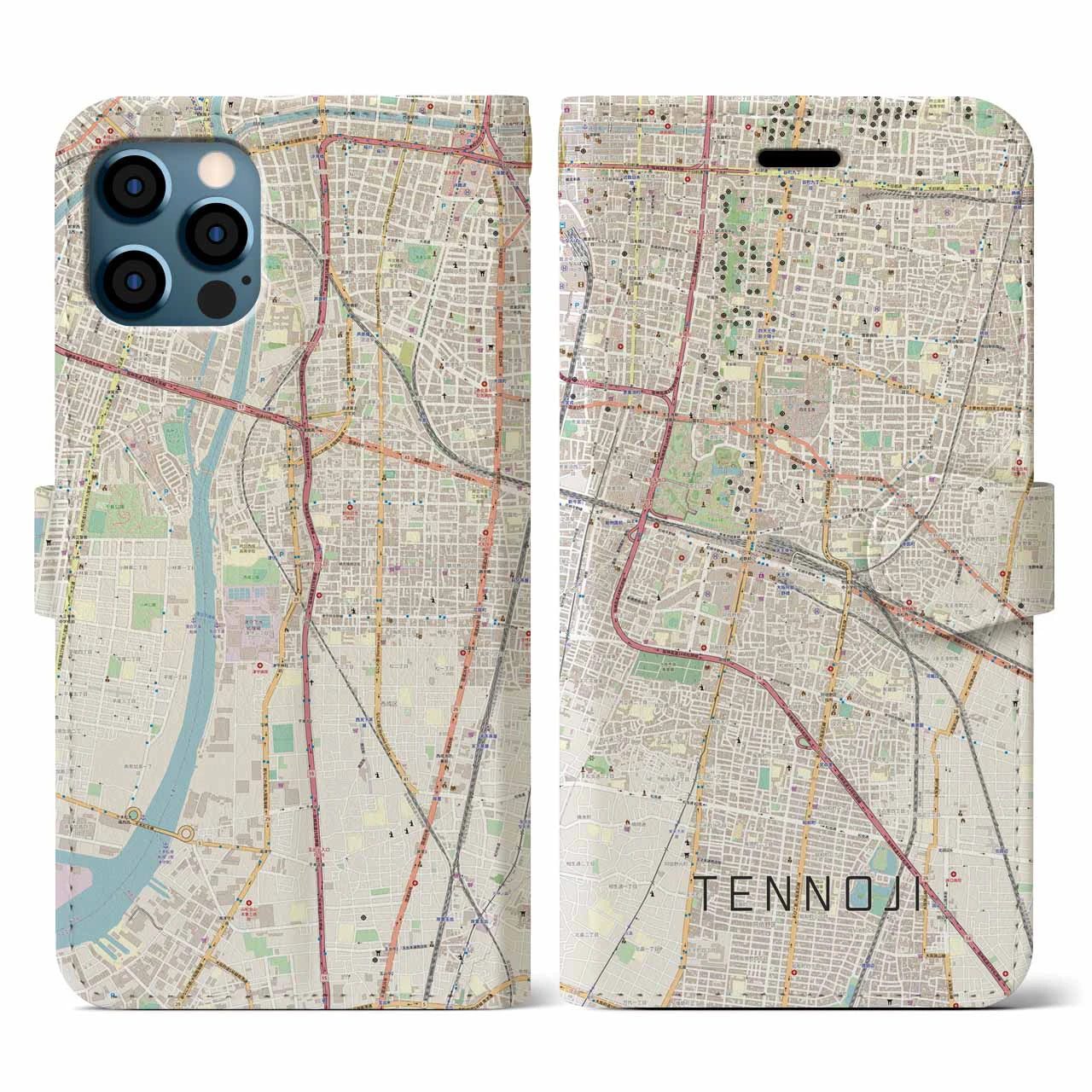 【天王寺】地図柄iPhoneケース（手帳両面タイプ・ナチュラル）iPhone 12 Pro Max 用
