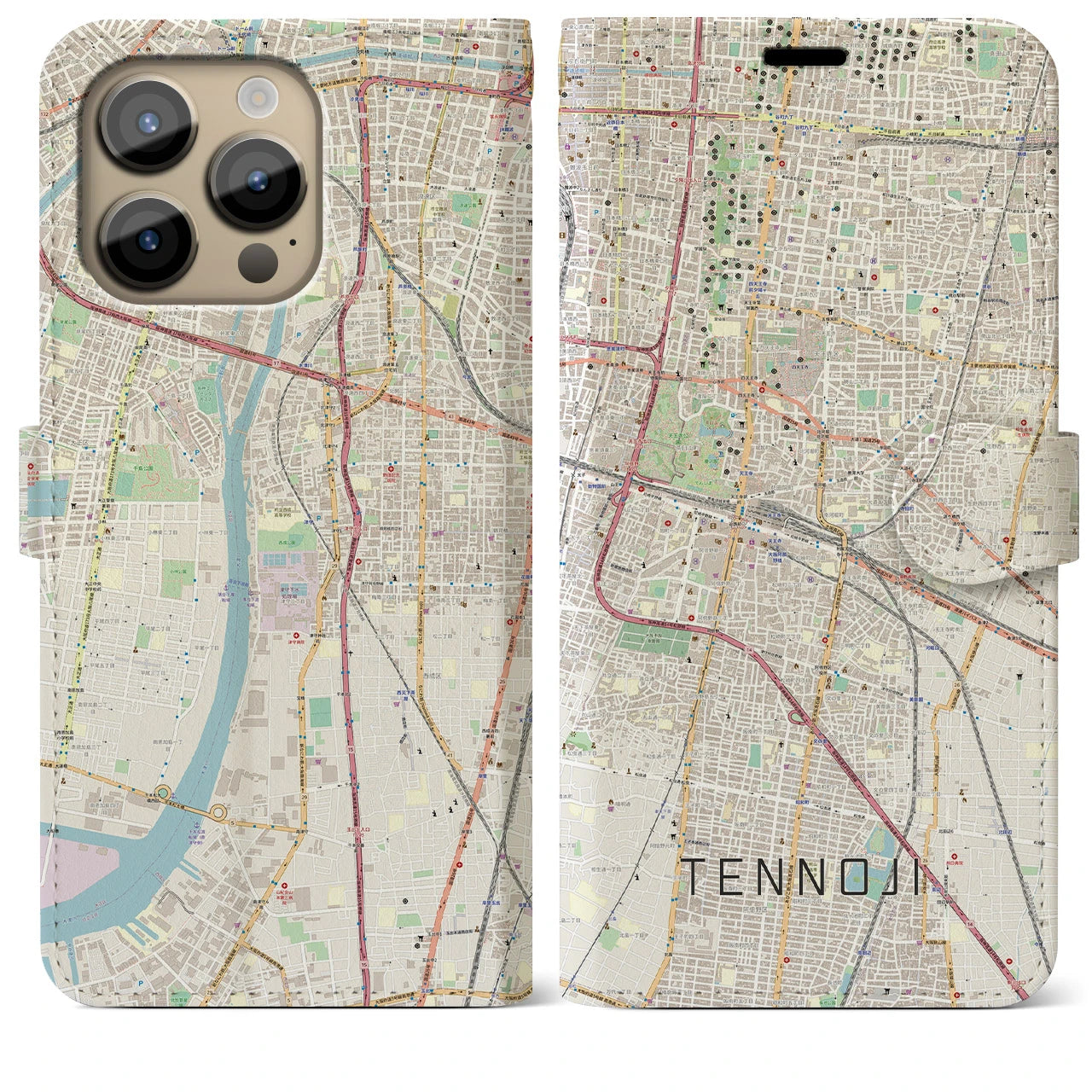 【天王寺】地図柄iPhoneケース（手帳両面タイプ・ナチュラル）iPhone 14 Pro Max 用