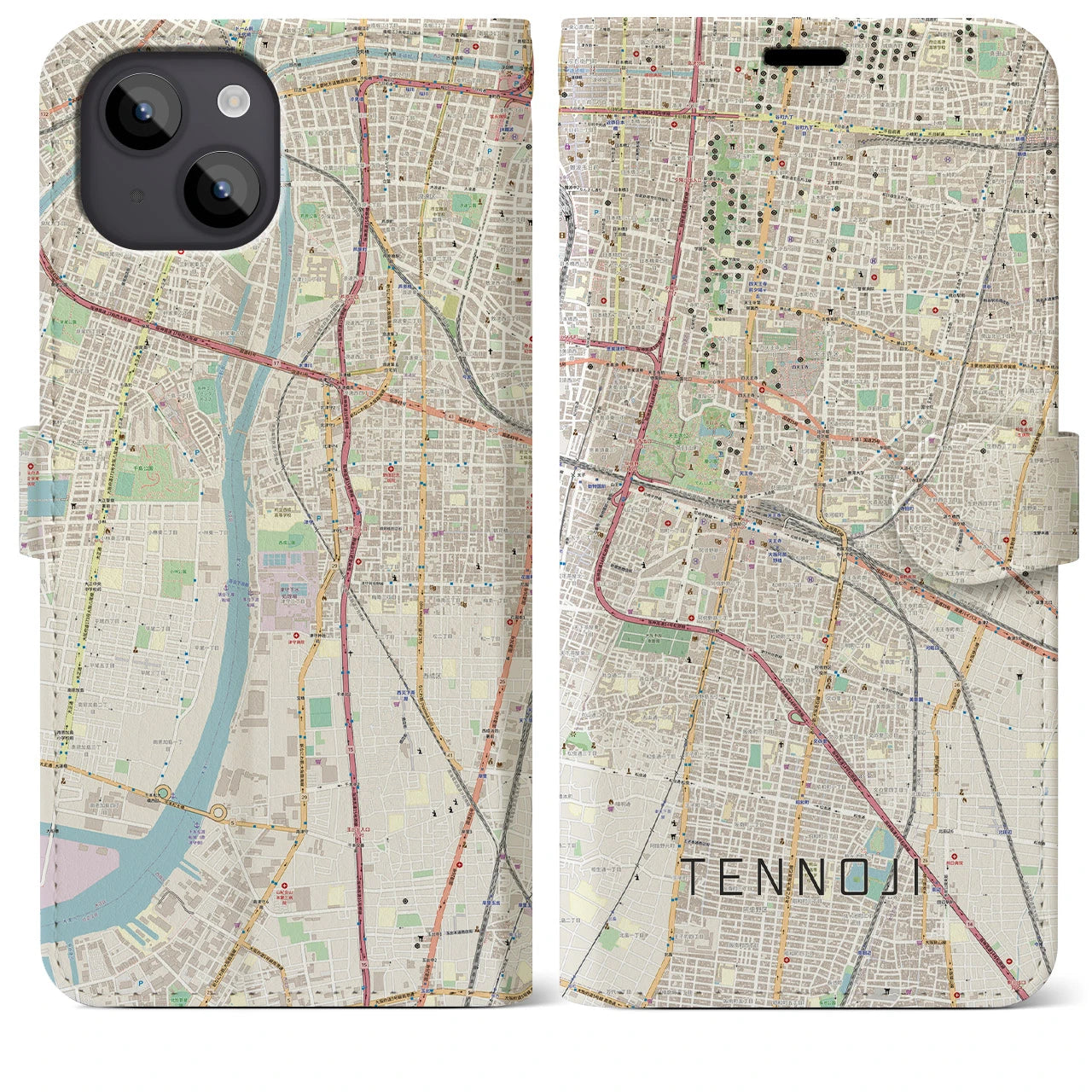 【天王寺】地図柄iPhoneケース（手帳両面タイプ・ナチュラル）iPhone 14 Pro 用