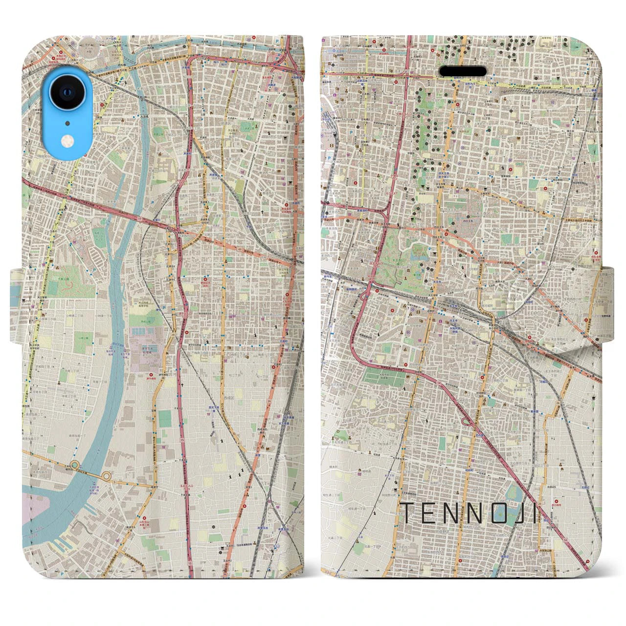 【天王寺】地図柄iPhoneケース（手帳両面タイプ・ナチュラル）iPhone XS / X 用