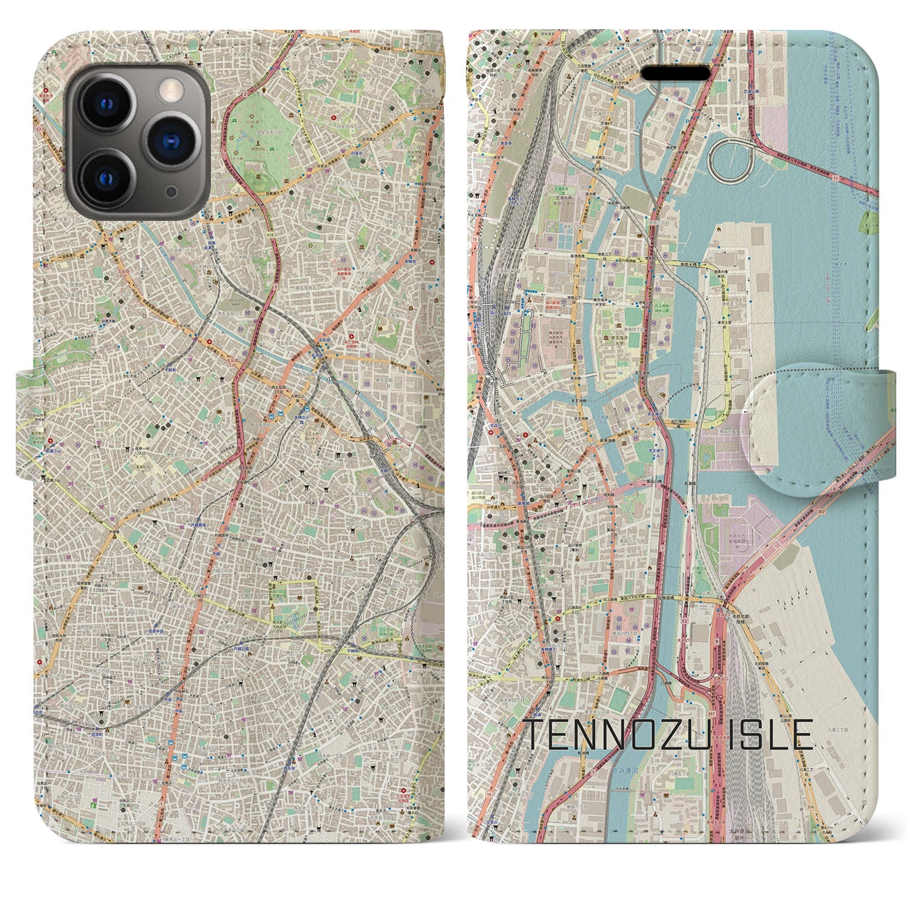 【天王洲アイル】地図柄iPhoneケース（手帳両面タイプ・ナチュラル）iPhone 11 Pro Max 用