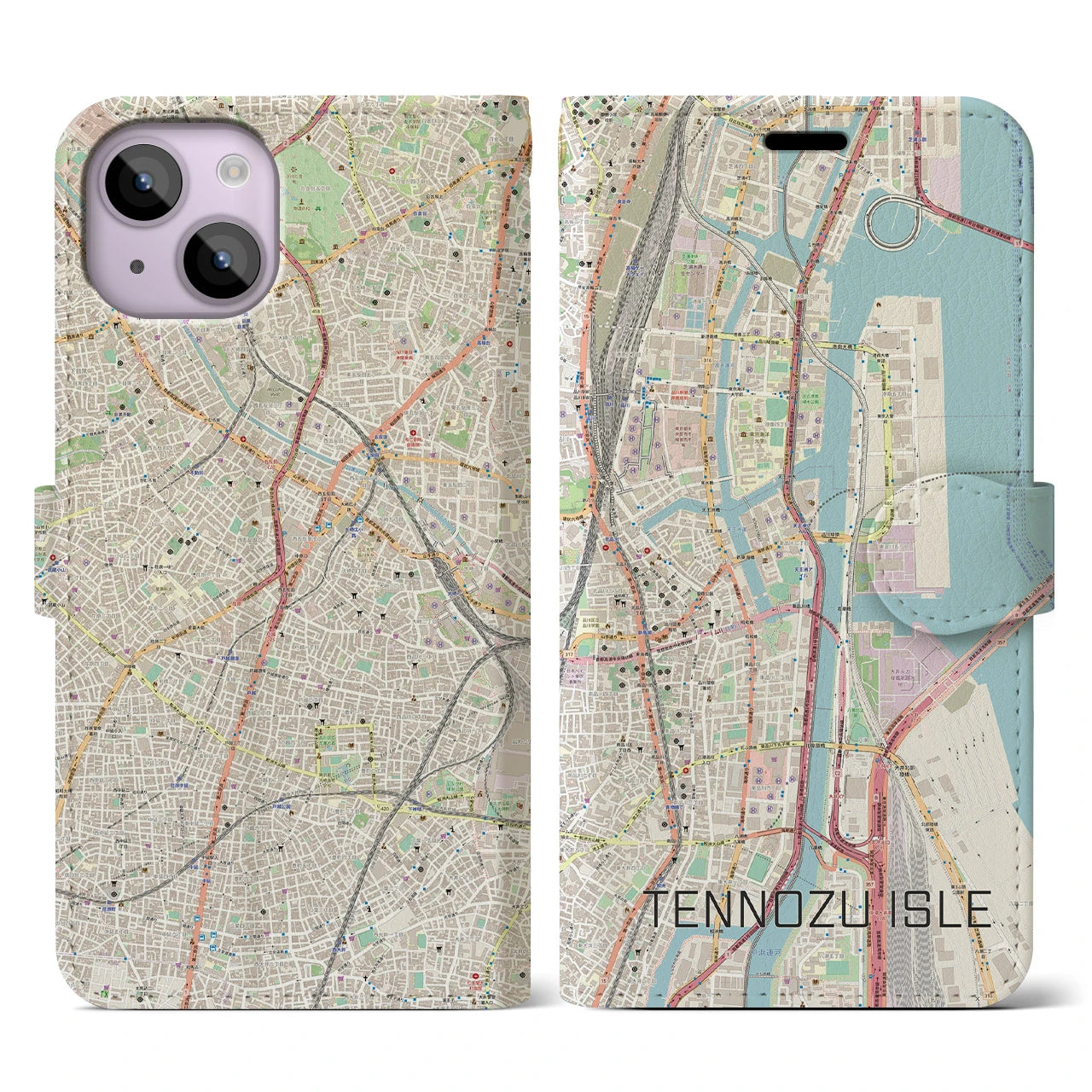 【天王洲アイル】地図柄iPhoneケース（手帳両面タイプ・ナチュラル）iPhone 14 用