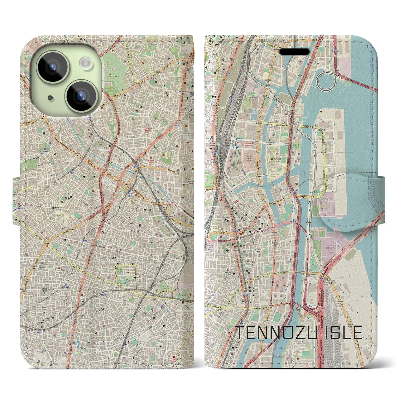 【天王洲アイル】地図柄iPhoneケース（手帳両面タイプ・ナチュラル）iPhone 15 用