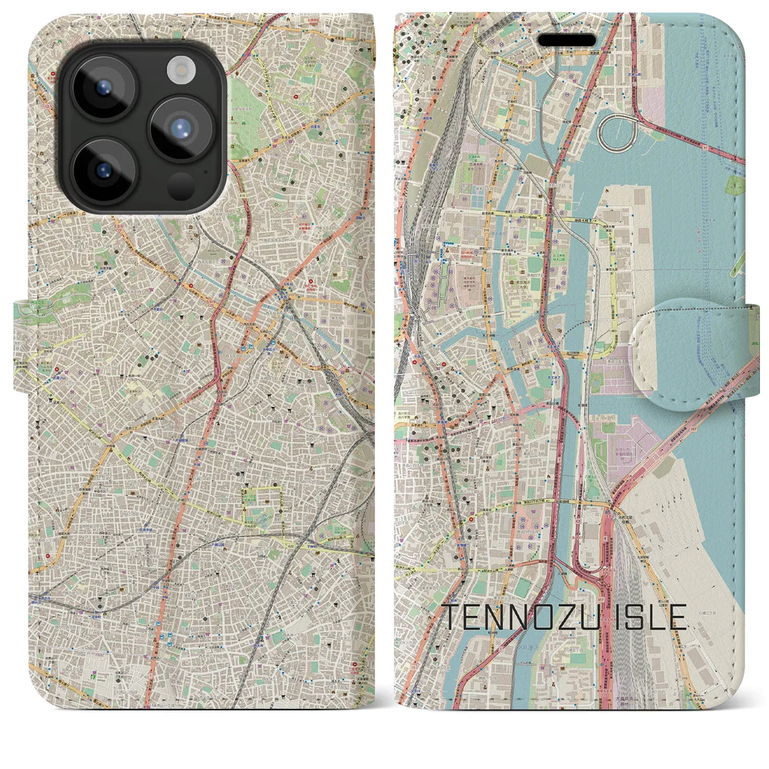 【天王洲アイル】地図柄iPhoneケース（手帳両面タイプ・ナチュラル）iPhone 15 Pro Max 用