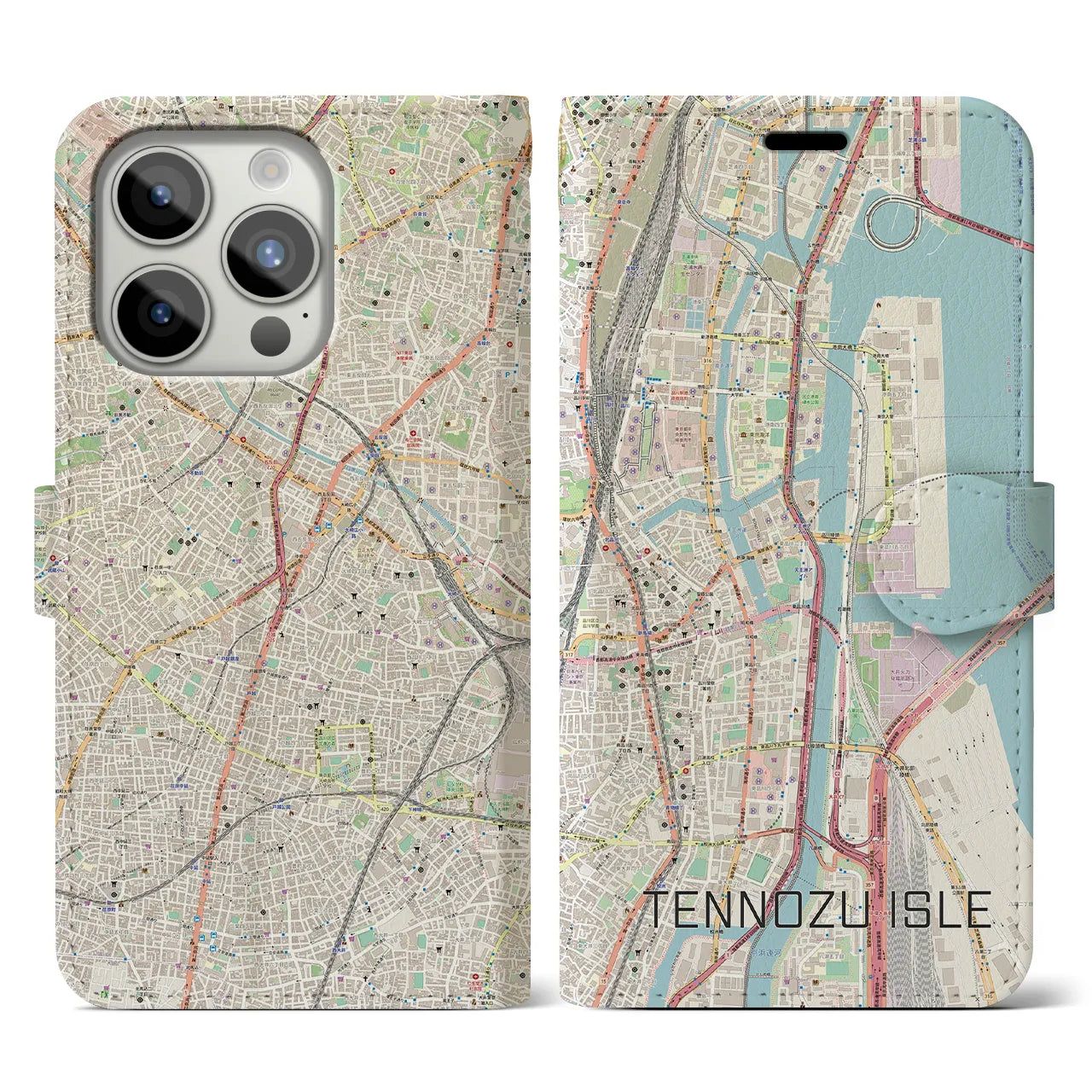 【天王洲アイル】地図柄iPhoneケース（手帳両面タイプ・ナチュラル）iPhone 15 Pro 用