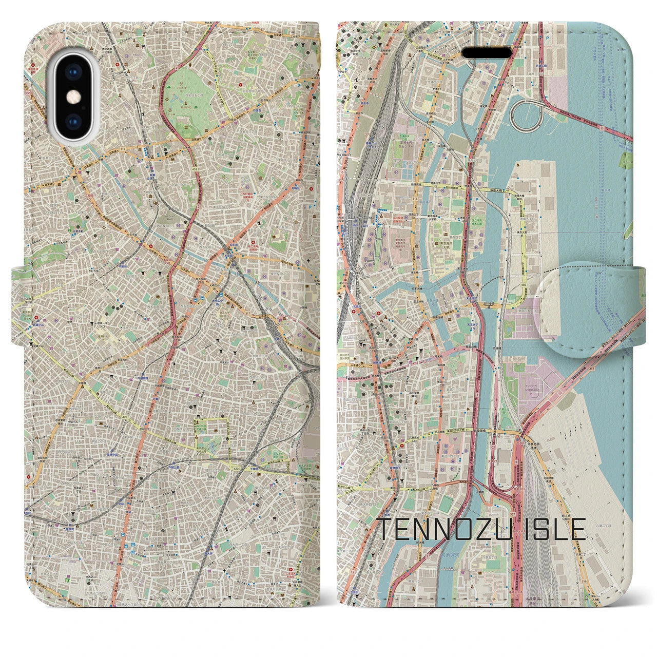 【天王洲アイル】地図柄iPhoneケース（手帳両面タイプ・ナチュラル）iPhone XS Max 用