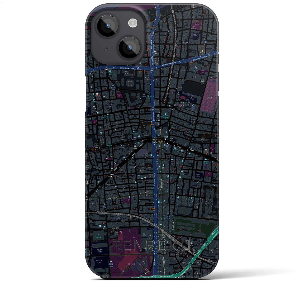 【天六】地図柄iPhoneケース（バックカバータイプ・ブラック）iPhone 14 Plus 用