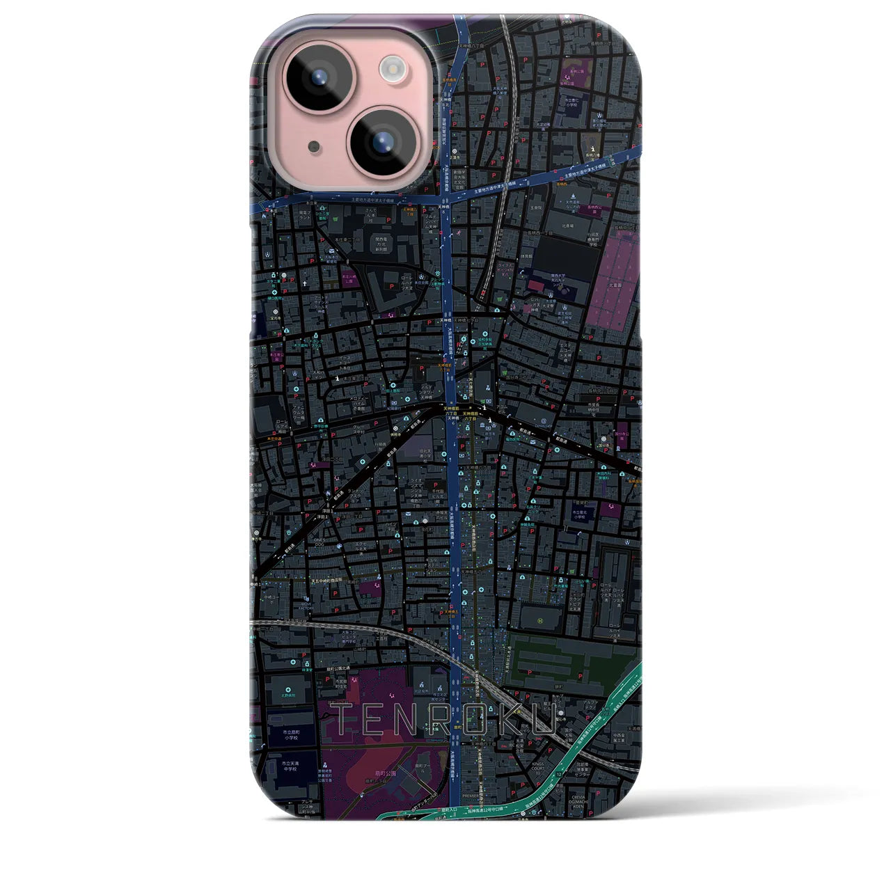 【天六】地図柄iPhoneケース（バックカバータイプ・ブラック）iPhone 15 Plus 用