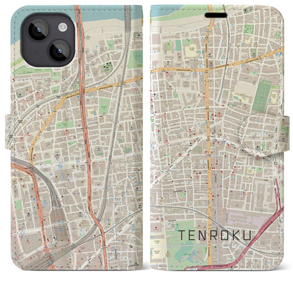 【天六（大阪府）】地図柄iPhoneケース（手帳タイプ）ナチュラル・iPhone 14 Plus 用