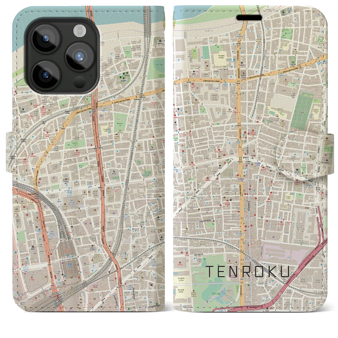 【天六】地図柄iPhoneケース（手帳両面タイプ・ナチュラル）iPhone 15 Pro Max 用