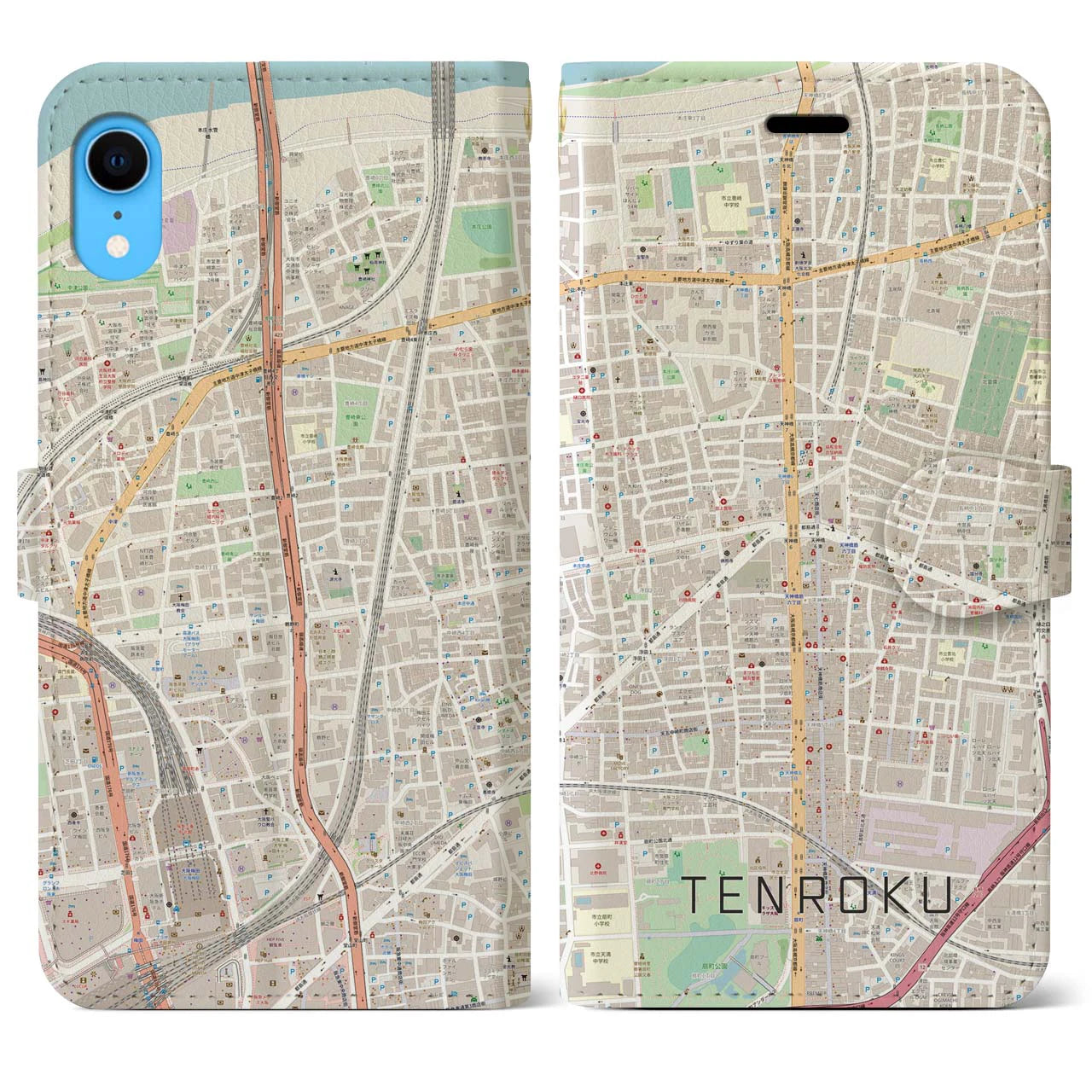 【天六】地図柄iPhoneケース（手帳両面タイプ・ナチュラル）iPhone XR 用