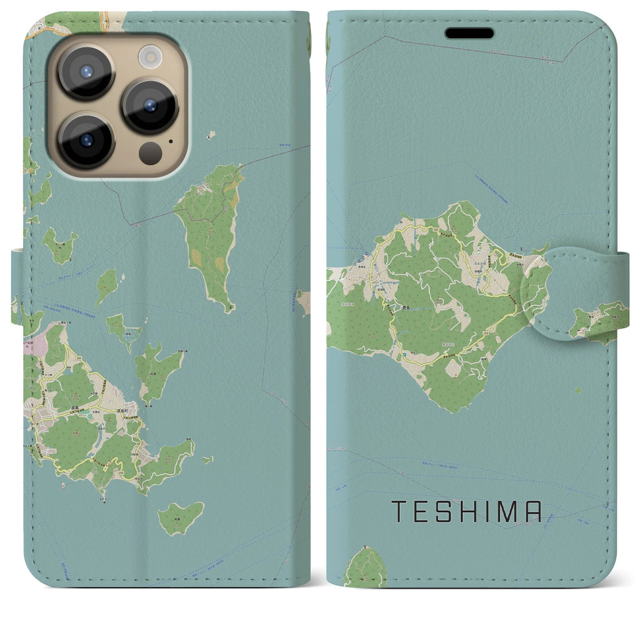 【豊島】地図柄iPhoneケース（手帳両面タイプ・ナチュラル）iPhone 14 Pro Max 用