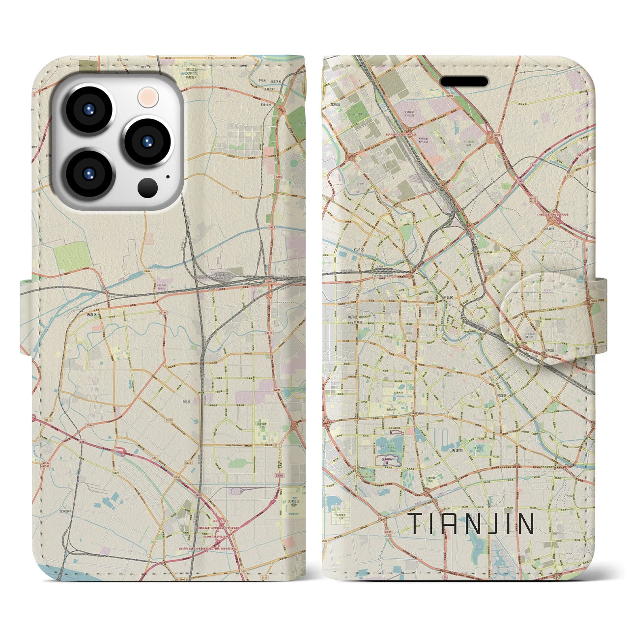 【天津】地図柄iPhoneケース（手帳両面タイプ・ナチュラル）iPhone 13 Pro 用