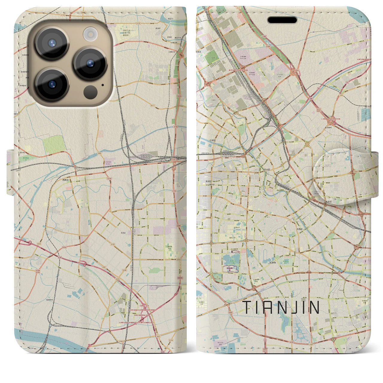 【天津】地図柄iPhoneケース（手帳両面タイプ・ナチュラル）iPhone 14 Pro Max 用
