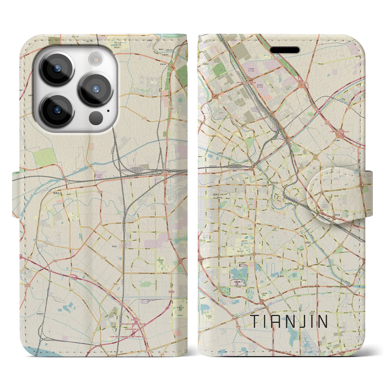 【天津】地図柄iPhoneケース（手帳両面タイプ・ナチュラル）iPhone 14 Pro 用