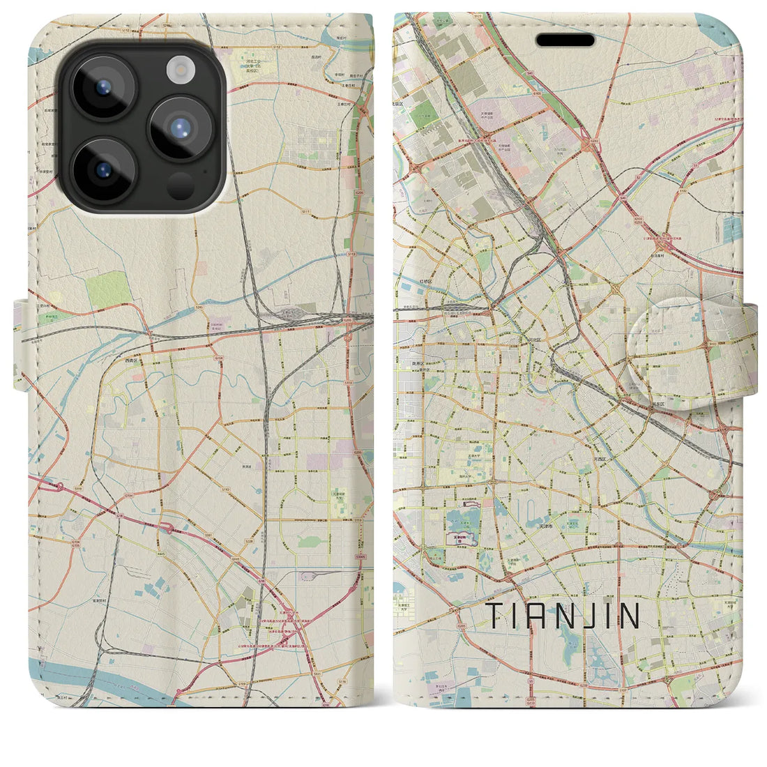 【天津】地図柄iPhoneケース（手帳両面タイプ・ナチュラル）iPhone 15 Pro Max 用