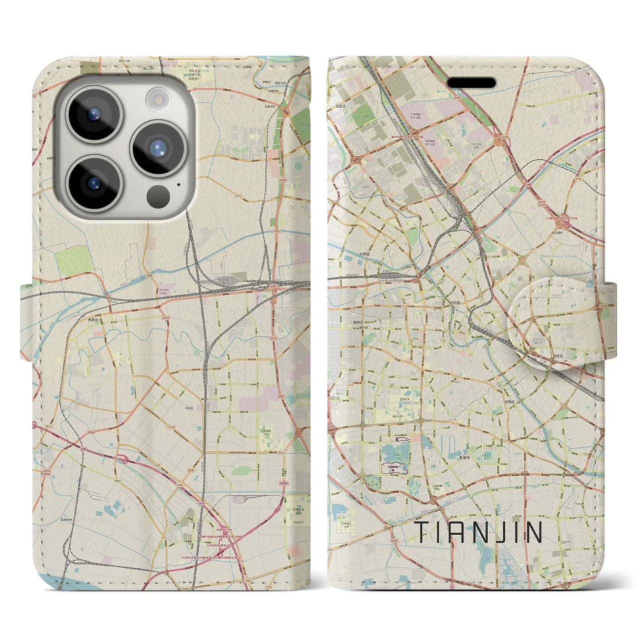 【天津】地図柄iPhoneケース（手帳両面タイプ・ナチュラル）iPhone 15 Pro 用