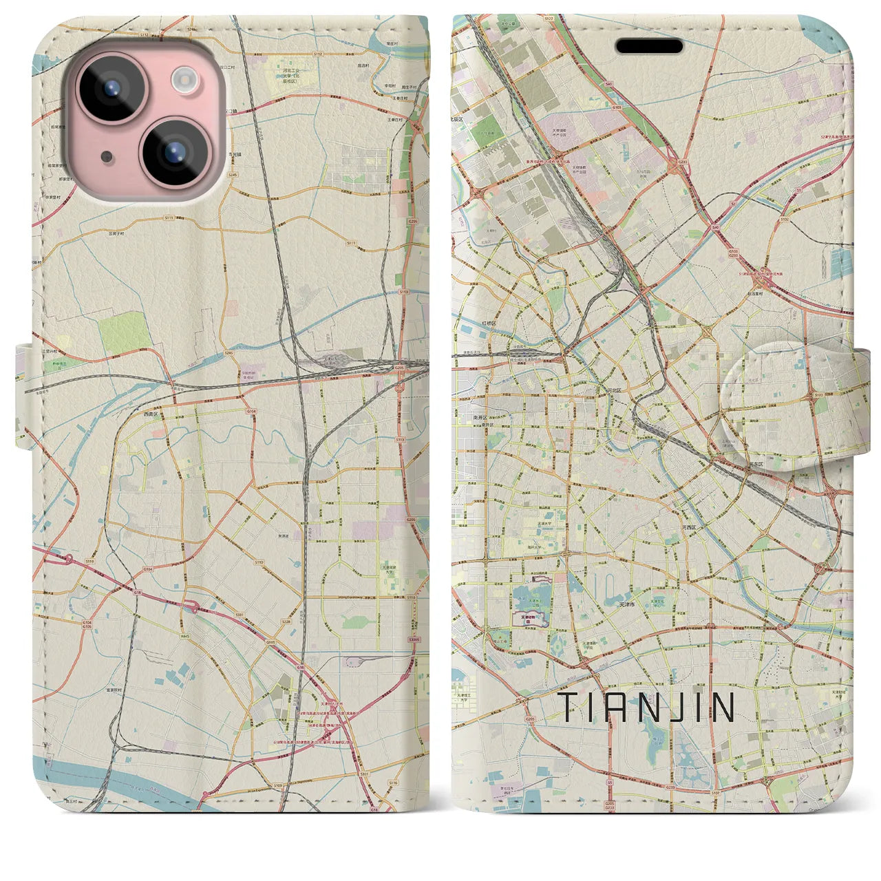 【天津】地図柄iPhoneケース（手帳両面タイプ・ナチュラル）iPhone 15 Plus 用