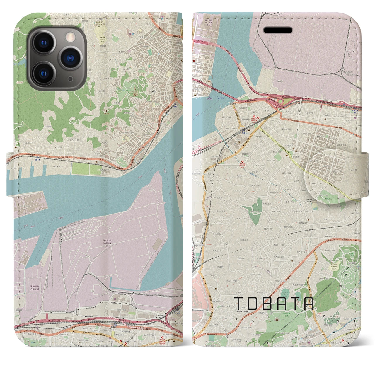【戸畑】地図柄iPhoneケース（手帳両面タイプ・ナチュラル）iPhone 11 Pro Max 用