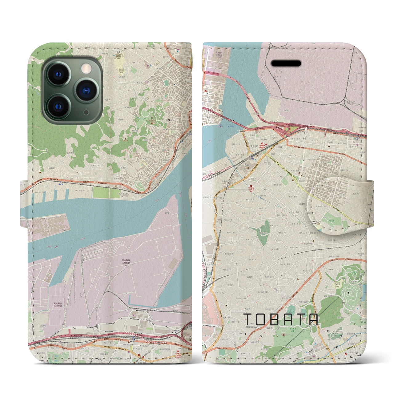【戸畑】地図柄iPhoneケース（手帳両面タイプ・ナチュラル）iPhone 11 Pro 用
