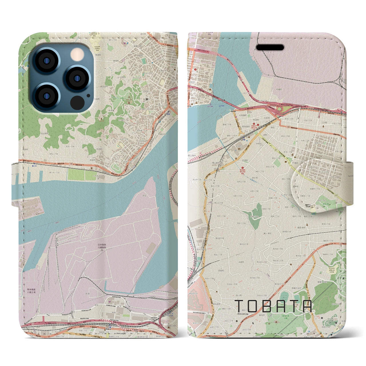 【戸畑】地図柄iPhoneケース（手帳両面タイプ・ナチュラル）iPhone 12 / 12 Pro 用
