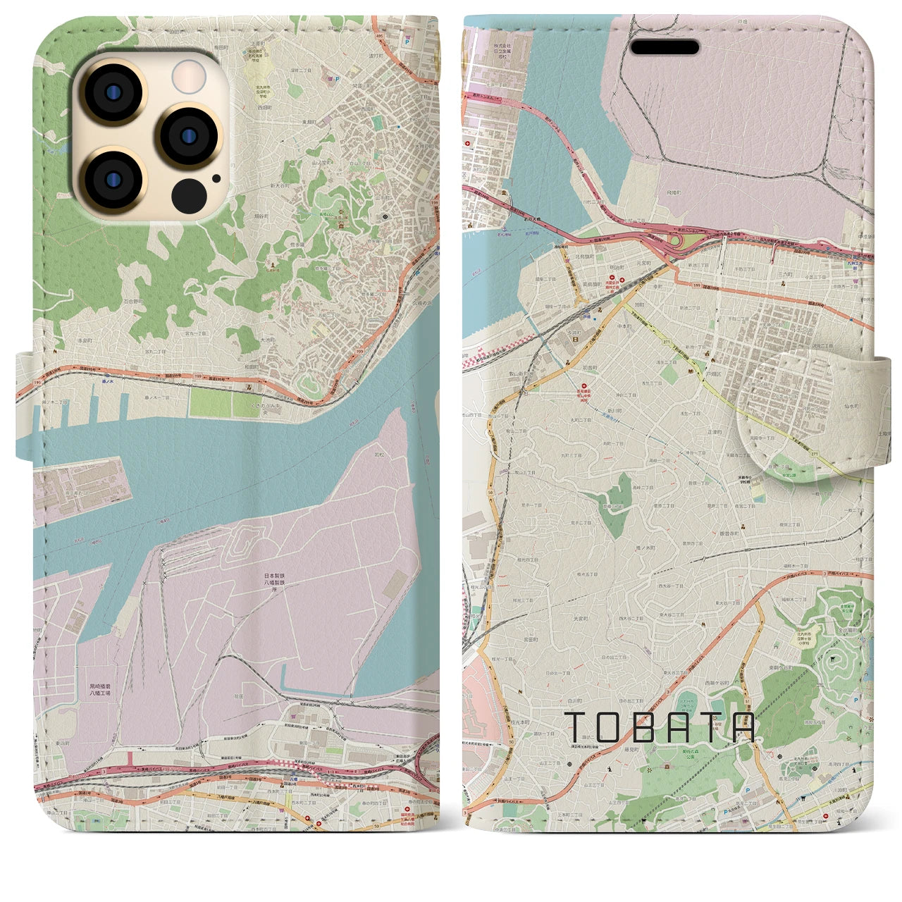 【戸畑】地図柄iPhoneケース（手帳両面タイプ・ナチュラル）iPhone 12 Pro Max 用