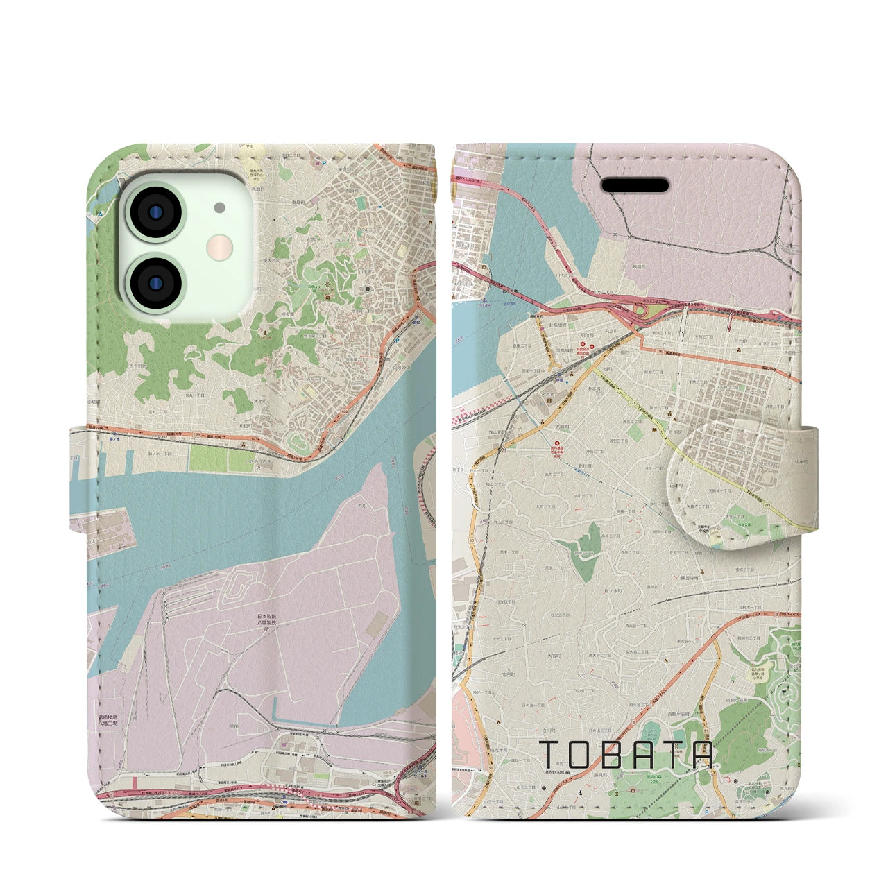 【戸畑】地図柄iPhoneケース（手帳両面タイプ・ナチュラル）iPhone 12 mini 用