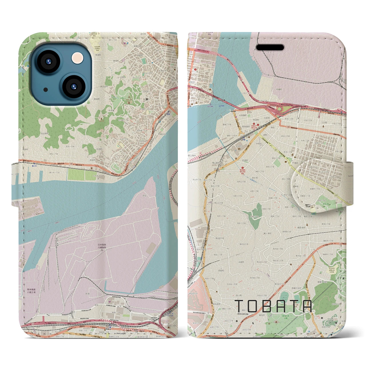 【戸畑】地図柄iPhoneケース（手帳両面タイプ・ナチュラル）iPhone 13 用