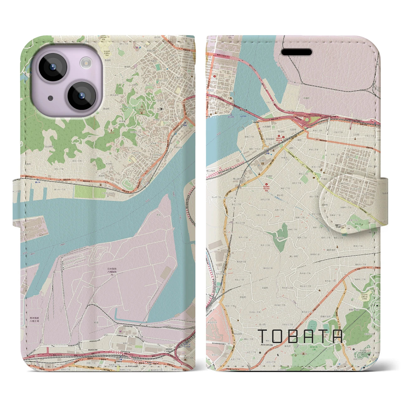 【戸畑】地図柄iPhoneケース（手帳両面タイプ・ナチュラル）iPhone 14 用
