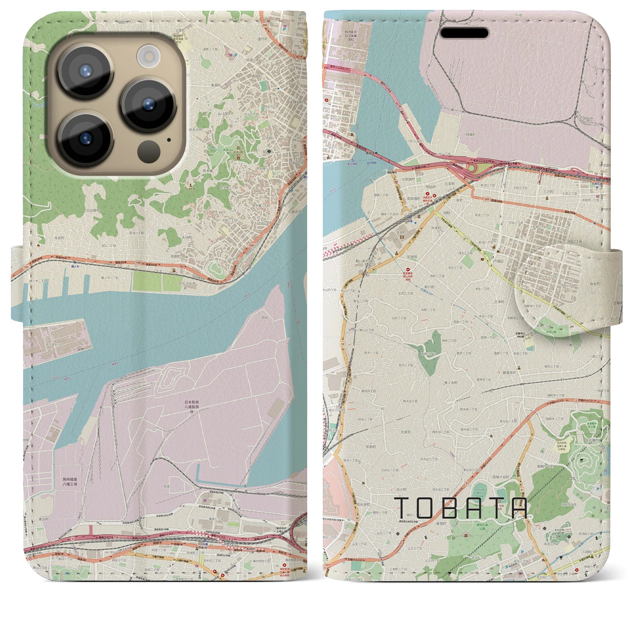 【戸畑】地図柄iPhoneケース（手帳両面タイプ・ナチュラル）iPhone 14 Pro Max 用