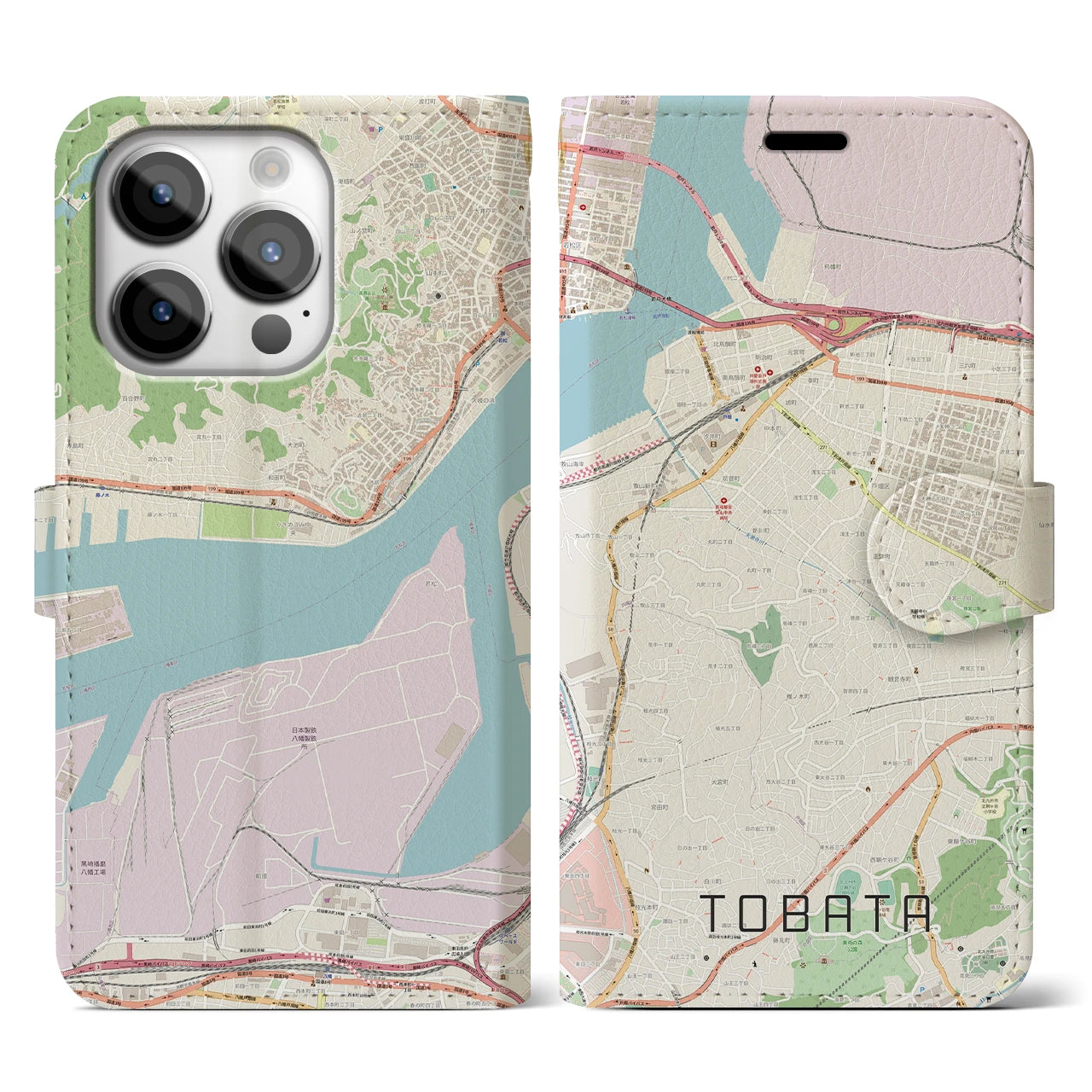 【戸畑】地図柄iPhoneケース（手帳両面タイプ・ナチュラル）iPhone 14 Pro 用